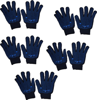 Frontier Blue Dotted Cotton Hand Gloves (Pack Of 5 Pr.) Wet and Dry Glove Set(Free Size Pack of 10)