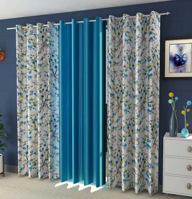 Ami Creation 274 cm (9 ft) Polyester Long Door Curtain (Pack Of 3)(Floral, Plain, Aqua Blue)