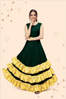 Kidotsav Indi Girls Maxi/Full Length Party Dress(Green, Sleeveless)