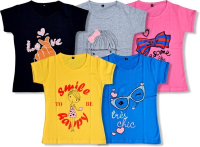 FAZZA Girls Printed Pure Cotton Regular T Shirt(Multicolor, Pack of 5)