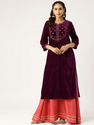 Shae by SASSAFRAS Women Embroidered Straight Kurta(Purple)