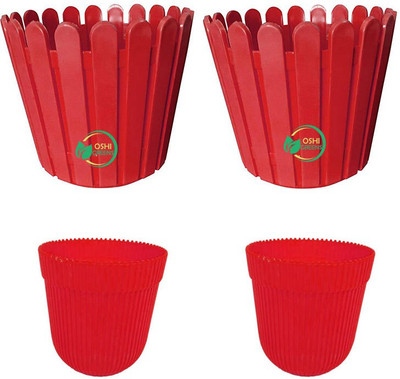 Oshi Greens Round Fence 8 inches flower Pots with Rim Design small pots 5 inches size Plant Container Set(Pack of 4, Plastic)