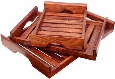 Giftoshopee Wooden Handmade Serving Tray for Tea tray set of 3 Tray(Pack of 3)
