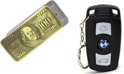 Ala Flame 100 Dollars And BMW Shaped Premium Look Side Slider Windproof Jet Flame Cigarette Lighter Hookah Pocket Lighter Pack Of 2 Pocket Lighter(Gold, BLACK)