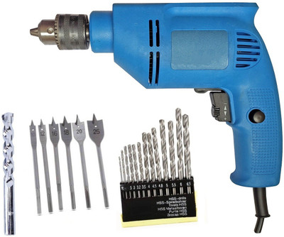 DUMDAAR 400W 10mm reversible drill machine with Left Right Rotation 13pc HSS 1 masonry bit and 6pc flat wood set Power & Hand Tool Kit(4 Tools)