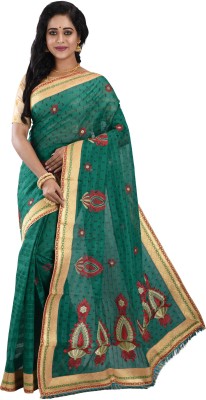 Avik Creations Self Design, Printed, Embroidered, Striped, Woven, Embellished, Applique, Animal Print Daily Wear Cotton Blend, Pure Cotton Saree(Dark Green, Gold)