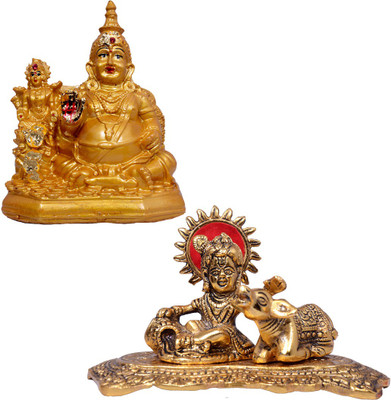 Vaah Cow Krishna Murti with Laxmi Kuber Maharaj for Diwali Pooja Decorative Showpiece  -  15 cm(Aluminium, Polyresin, Gold)