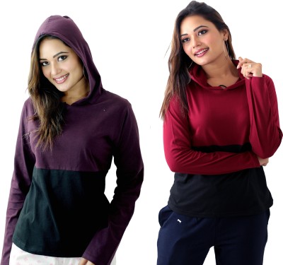 PRW FASHION Colorblock Women Hooded Neck Multicolor T-Shirt