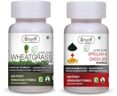 Vringra Spirulina & Omega Capsules - Wheatgrass Capsules - Immunity Booster (Combo Pack)(2 x 60 Tablets)