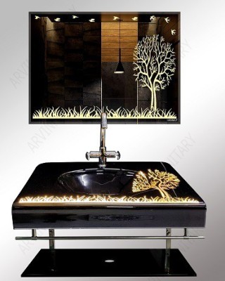 Arvind sanitary Tree Led Lip Counter Set With Mirror Steel Stand Full Set Wall Hung Basin(Black)