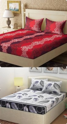 TBH LOGO 144 TC Microfiber Double Abstract Flat Bedsheet(Pack of 2, Red, White)
