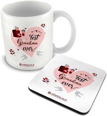 Jhingalala Best Grandma Ever Printed with Coaster Combo Gift for Grandfather, Grandpa for Birthday and Anniversary (1228) Ceramic Coffee Mug(325 ml, Pack of 2)