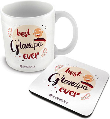 Jhingalala Best Grandpa Ever Printed with Coaster Combo Gift for Grandfather, Grandpa for Birthday and Anniversary (1223) Ceramic Coffee Mug(325 ml, Pack of 2)