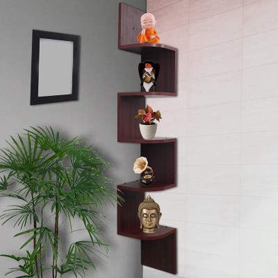 ADH Handicraft Zigzag Corner Wall Mount Shelf Unit/Racks and Shelves/Wall Shelf/Book Shelf/Wall Decoration Wooden Wall Shelf(Number of Shelves - 5, Brown)