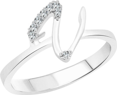 VIGHNAHARTA initial ''V'' Alphabet Alloy Cubic Zirconia Rhodium Plated Ring