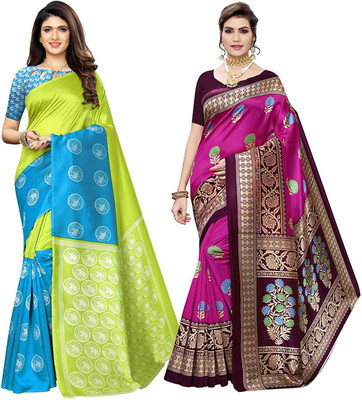 Grubstaker Self Design Mysore Art Silk Saree(Pack of 2, Multicolor)