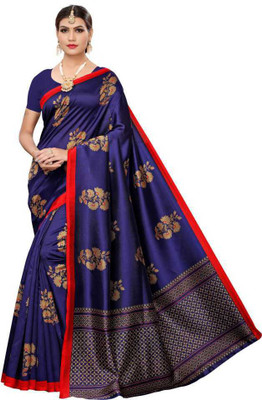 Marabout Printed Assam Silk Art Silk Saree(Blue)