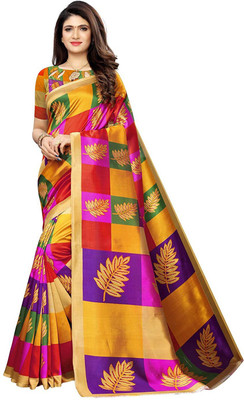 Grubstaker Printed Assam Silk Art Silk Saree(Multicolor)