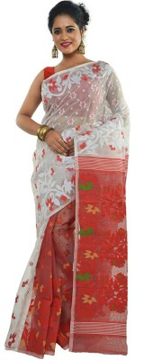 Krishneshwari Self Design, Woven Jamdani Cotton Silk Saree(Red, White)