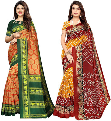 Grubstaker Printed Bollywood Art Silk Saree(Pack of 2, Multicolor)