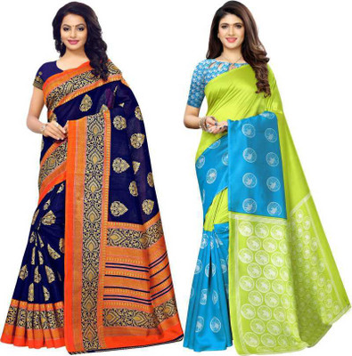 SVB Sarees Printed Mysore Art Silk Saree(Pack of 2, Multicolor)