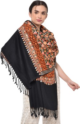 WEAVERS VILLA Cashmere, Wool Embroidered Women Shawl(Black)