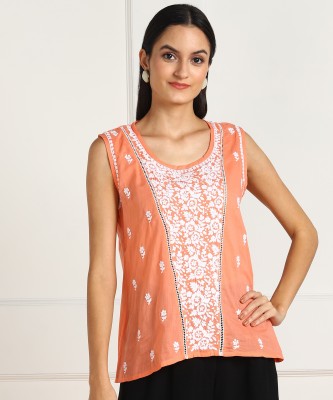 VAHSON Casual Sleeveless Embroidered Women Orange Top