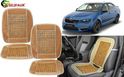 Selifaur Velvet, Wooden Bead Seating Pad For  Skoda Octavia(Front Seats, Back Seats, Office Chair Beige)