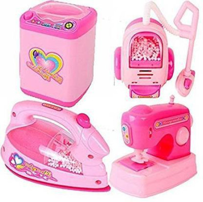 M.S.ENTERPRISE 4 Toyz Battery Operated 4 Pieces Household Home Appliances Play Set Toys for Girls with Realistic Sound -Washing Machine , Sewing Machine, Vacuum Cleaner,I