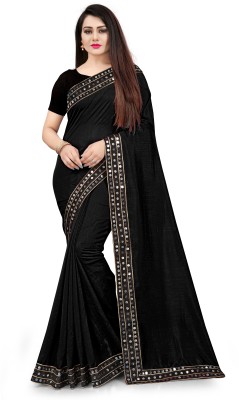 Dev creations Solid/Plain, Embellished Bollywood Art Silk Saree(Black)