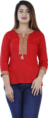 Brijam Casual 3/4 Sleeve Embroidered Women Red Top