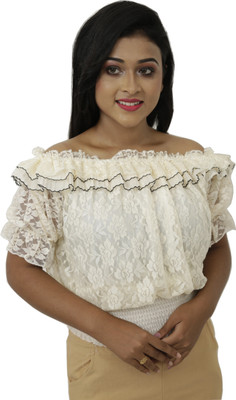 rayie collection Casual Full Sleeve Lace Women Beige Top