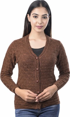 Ogarti Self Design V Neck Casual Women Brown Sweater