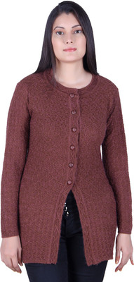 Ogarti Self Design Round Neck Casual Women Brown Sweater