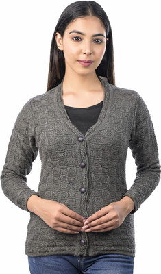 Ogarti Self Design V Neck Casual Women Grey Sweater