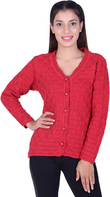 Ogarti Self Design V Neck Casual Women Red Sweater