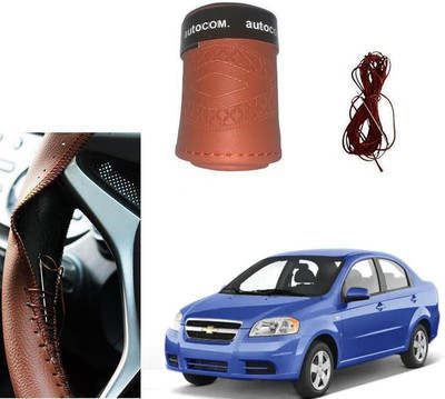 Autocom Hand Stiched Steering Cover For Chevrolet Aveo(Brown, Leatherite)