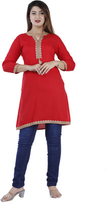 Brijam Women Embroidered Straight Kurta(Red)