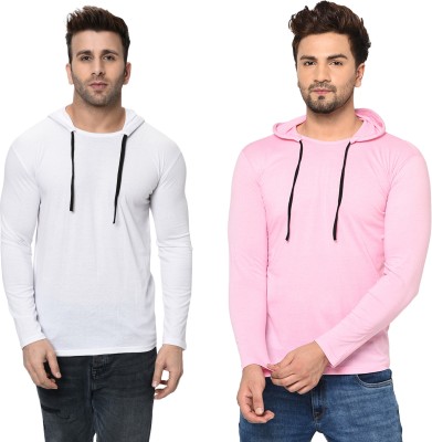 Jaskart Solid Men Hooded Neck White, Pink T-Shirt