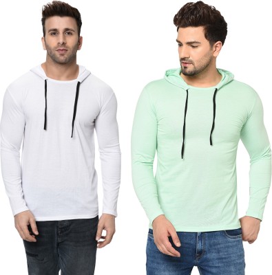 Jaskart Solid Men Hooded Neck White, Green T-Shirt