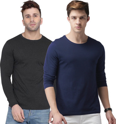 INDIZO Solid Men Round Neck Blue, Grey T-Shirt