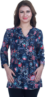 9 impression Casual 3/4 Sleeve Floral Print Women Dark Blue Top