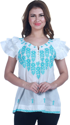 9 impression Casual Flared Sleeve Embroidered Women White Top