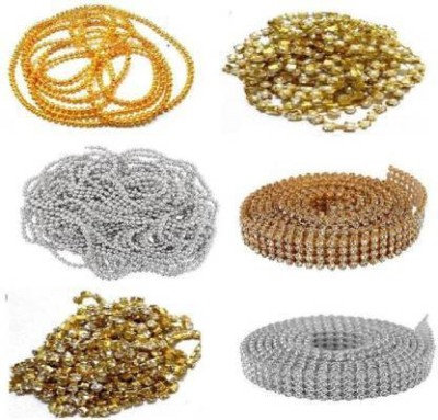 Crafto Pearl chain stone chain golden ball chain stone lace golden & silver combo- very useful mushave chain combo for jewellery making & craft works 2 Meter gold ball chain, 2 metre pearl chain, 2 metre stone chain,2 metre silver ball chain, 4 line 1.25 metre silver and gold stone lace