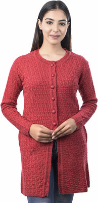 Ogarti Self Design Round Neck Casual Women Red Sweater