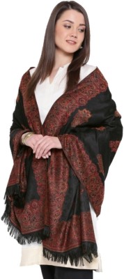 WEAVERS VILLA Cotton Blend, Pure Wool Woven Women Shawl(Black)