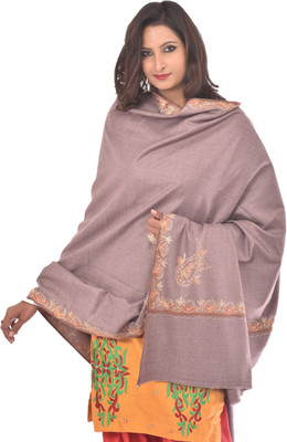WEAVERS VILLA Pure Wool Embroidered Women Shawl(Brown, Grey, Yellow)