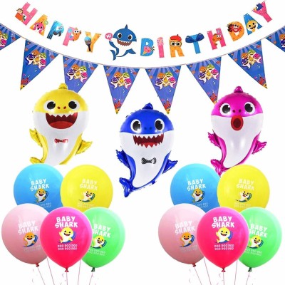 Miss & Chief Printed Baby Shark Theme Decoration Kit for Kids Boys Girl Babies Toddlers Decorations Materials - Foil Balloons Happy Birthday Pennant Banner Unique Items 15 Pcs Balloon(Multicolor, Pack of 15)