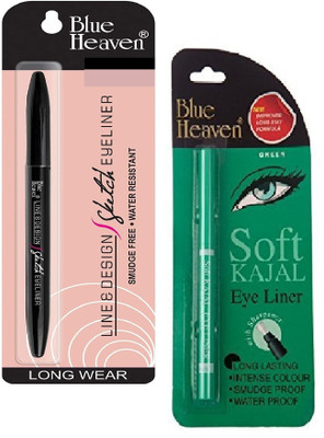 BLUE HEAVEN Line&Design Sketch Eyeliner And Soft Kajal Eyeliner(Green) 0.62 g(Black, Green)