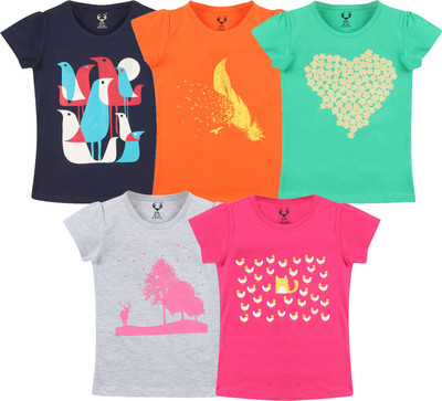 ELK Girls Printed Pure Cotton T Shirt(Multicolor, Pack of 5)